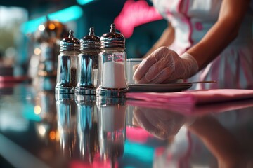 Close-up of a waitress in retro-style uniform and gloves setting a plate on a shiny diner counter with salt and pepper shakers, creating a nostalgic American diner atmosphere