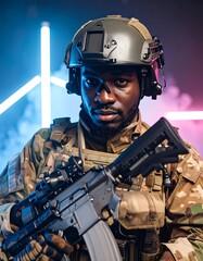 Serious soldier in camouflage holding rifle