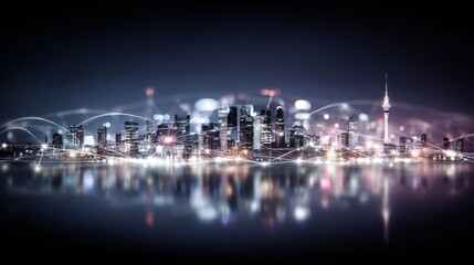 Abstract city silhouette with glowing connection points, blending blue and purple tones for a futuristic vibe.
