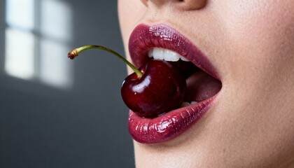 Close-up of a woman's mouth, with glossy lipstick, holding a dark red cherry between her teeth