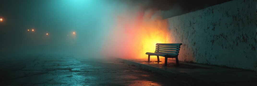Foggy night with a solitary bench illuminated by street lights in an urban setting - Powered by Adobe