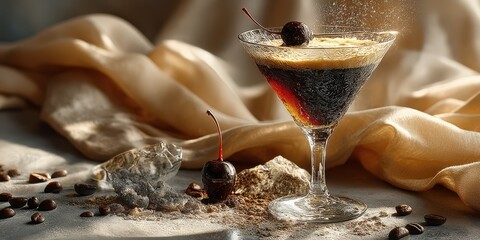 Elegant cocktail garnished with a cherry displayed on a textured surface with coffee beans and fabric