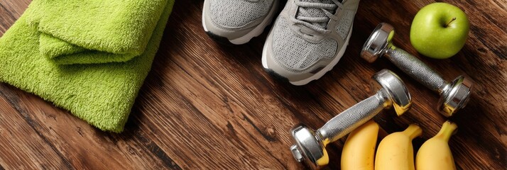 Workout essentials on a wooden surface. A vibrant green towel, grey running shoes, dumbbells, a green apple, and yellow bananas are arranged on a dark wooden floor