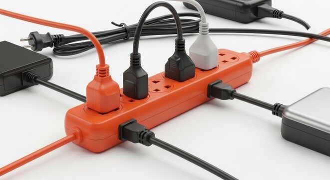 Power strip overloaded with numerous plugs and adapters, risking a short circuit