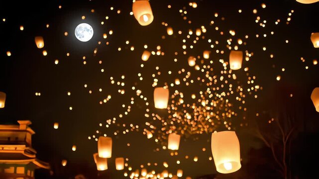 Hundreds of glowing sky lanterns float into the dark night sky during a festival, with a bright full moon watching over the magical scene