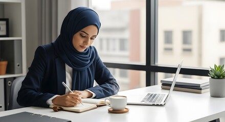 Businesswoman in Hijab Writing in Notebook at Desk with Laptop