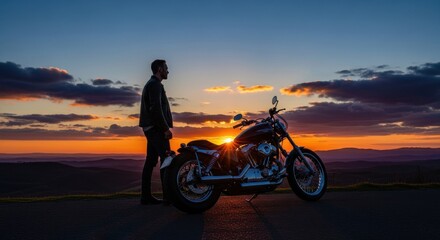 Obraz premium Contemplative Rider Stands Beside Motorcycle at Dusk, Embracing Freedom