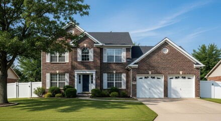 Fototapeta premium Inviting two-story brick home featuring a manicured lawn and attached garage