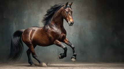 Majestic brown horse in mid-gallop captured in an artistic indoor setting