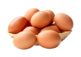 Many brown chicken eggs in stack in wicker basket isolated with clipping path in png file format