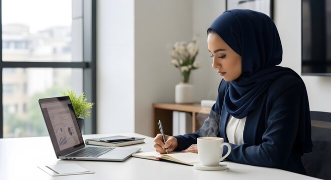 Businesswoman in Hijab Working in Modern Office with Laptop - Powered by Adobe