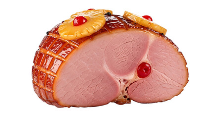 Delicious glazed ham with pineapple and cherries on a black background.