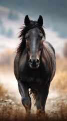 Obraz premium Majestic black horse galloping through a serene landscape at sunrise