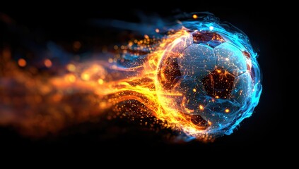 Fiery soccer ball streaks through a dark background, engulfed in vibrant orange and blue flames, with particles of light