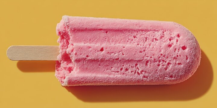 Pink popsicle on a wooden stick against a bright yellow background during a warm summer day