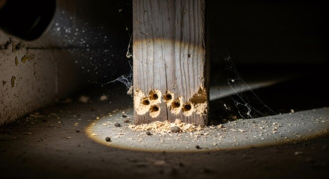 Dark wood plank with carpenter bee holes. Deterioration and damage concept from insect pest. Home protection and pest control.
