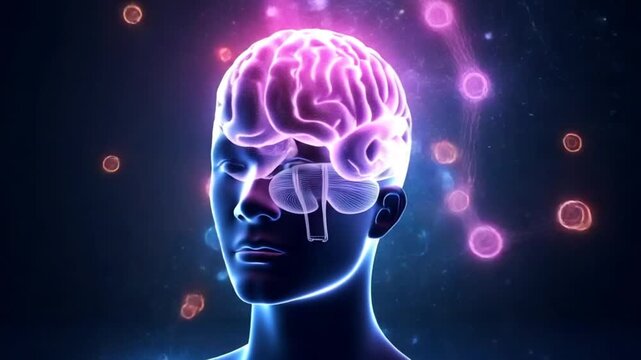 Digital brain glowing colorful human AI 3D virtual thinking modern lab research imagination creativity skill technology intelligence idea innovation concept mind office business tech