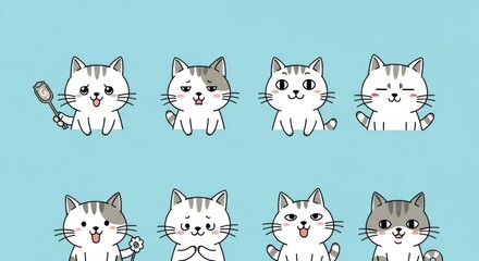 Fototapeta premium Eight Kawaii Kitten Character Expressions on Light Blue Background, Different Moods