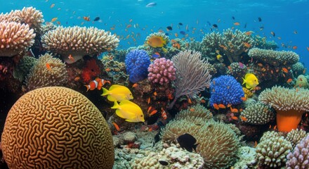 Underwater reef landscape with colorful fish swimming around vibrant coral