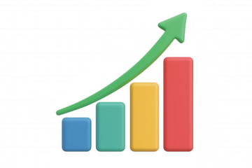 Colorful bar graph is growing showing positive trend with upward green arrow on transparent background