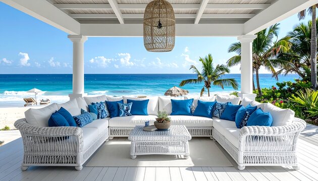 White veranda w/ wicker furniture faces a turquoise ocean and sandy beach on a sunny day