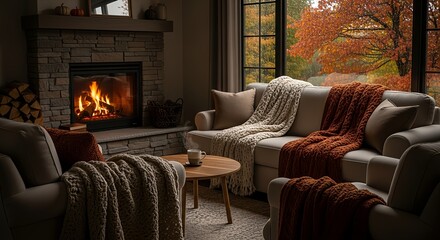 Cozy autumn living room with a warm fireplace, plush blankets, and vibrant fall foliage in the background, creating a serene and inviting atmosphere