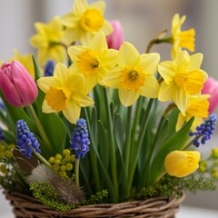 Obraz premium Yellow and Pink Spring Flowers in a Basket