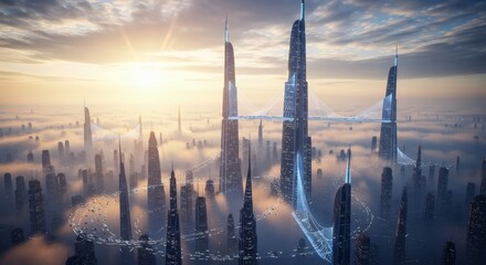 Obraz premium Futuristic science fiction city skyline with towering skyscrapers rising above the clouds at sunrise