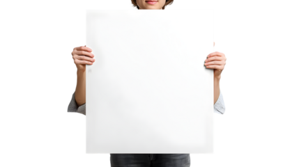 A woman with a slight smile holding a large blank vertical white poster board showing only her hands arms and lower face.