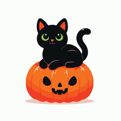 Black cat sitting on a Halloween pumpkin with a simple and minimalist flat design using a white background