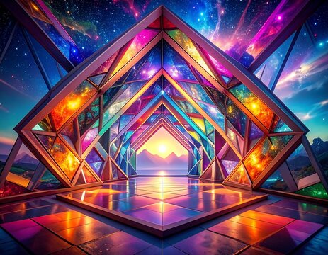 Futuristic, vibrant archway to a sunrise