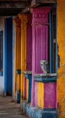 A striking owl perched on a colorful building facade, showcasing vibrant hues and architectural details.