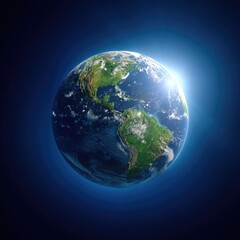 Fototapeta premium A detailed, vibrant depiction of Earth, highlighted by a brilliant celestial glow, showcasing the continents and vast oceans from space.