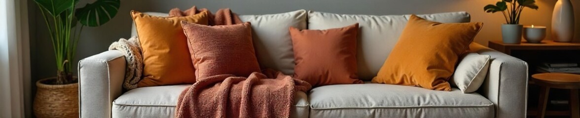 Cozy Cream Living Room Relaxing Sofa with Throw Blanket, Warm Lighting, and Decorative Cushions