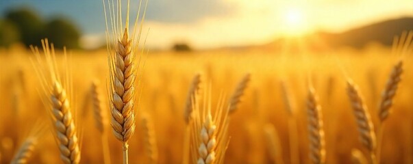 Fototapeta premium Golden wheat stalks sway gently in a summer field, bathed in warm sunlight The ripe grains are heavy and ready for harvest, a picturesque scene of rural abundance , idyllic, natural, harvest