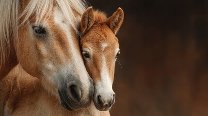 Close bond between a mother horse and her foal in a serene setting during late afternoon light