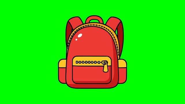 Cartoon style red school backpack image with zipper pocket for students travel and casual use