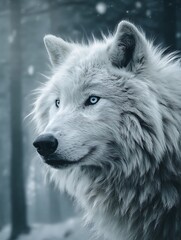 Obraz premium Majestic White Wolf Portrait with Glowing Blue Eyes