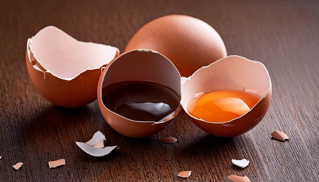 close up of cracked brown eggs with dark yolks