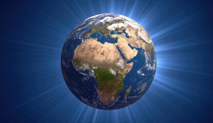 Fototapeta premium A detailed image of the Earth, radiating light against a deep blue backdrop.