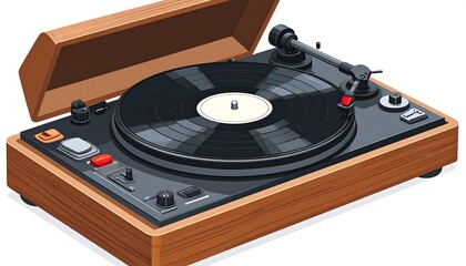 Turntable with a vinyl record, lid open, angled view on white