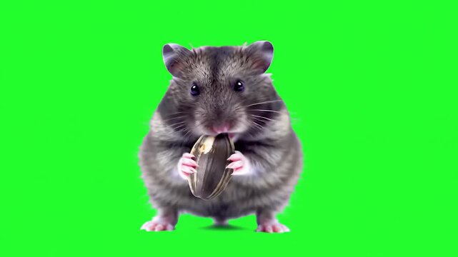 A cute hamster holding a seed in front of a green screen background