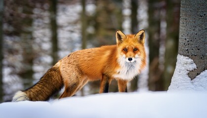 Fototapeta premium wild fox with orange fur and piercing eyes in snowy forest during winter season