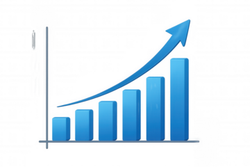Financial graph with rising blue bars and ascending arrow, visualizing profit growth on transparent background