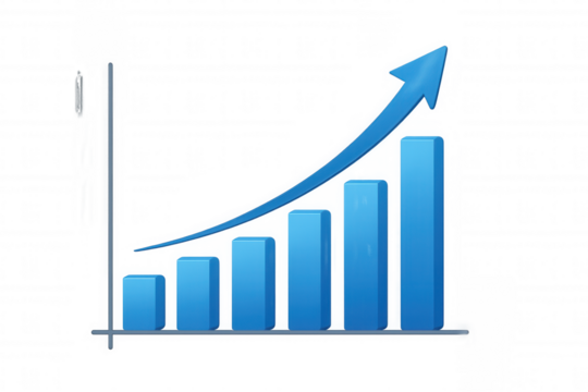 Financial graph with rising blue bars and ascending arrow, visualizing profit growth on transparent background - Powered by Adobe