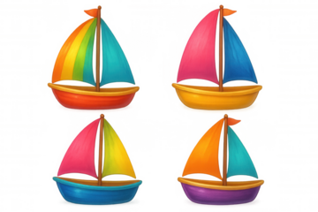 Four colorful toy sailboats with bright sails and flags are floating on a transparent background, perfect for children's projects