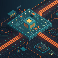 Isometric illustration of a modern computer chip with intricate circuit patterns and glowing orange pathways