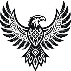Obraz premium Majestic eagle soars with intricately designed wings symbolizing freedom and power in a bold black and white graphic
