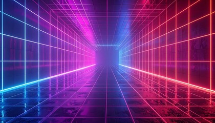 Neon corridor with gridded walls