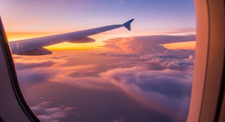 Obraz premium Airplane Wing at Sunset with Colorful Clouds